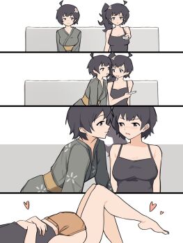 2girls araragi_karen araragi_tsukihi baisebandaoti1 bare_legs black_hair black_shirt breasts controller couch egg_ornament hair_ornament highres incest japanese_clothes kimono legs legs_up monogatari_(series) multiple_girls nisemonogatari shirt short_hair siblings sisters yuri