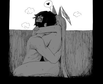 1boy 1girl animal_ears blonde_hair blue_archive halo heart hetero highres hug kai_xin kanna_(blue_archive) leg_lock long_hair monochrome sex speech_bubble spoken_heart