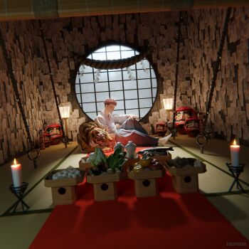 3d absurdres alcohol animal bell black_hair blurry cabbage candle candlelight candlestand carpet chain daruma_doll depth_of_field dutch_angle eggplant fish food from_side fruit grey_hakama hakama highres indoors itadori_yuuji japanese_clothes jingle_bell jujutsu_kaisen kimono knee_up lantern long_sleeves looking_at_viewer male_focus mochi multicolored_hair nazumu_(user_jnse8833) no_shoes on_floor outstretched_arm paper_lantern pink_hair radish religious_offering rope sake shide shimenawa short_hair sideways_glance sitting solo spiked_hair tabi talisman tatami tiger tokkuri two-tone_hair undercut vegetable white_legwear window