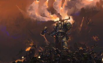 absurdres adeptus_astartes ammunition_belt architecture arm_mounted_weapon armor armored_boots army asymmetrical_dual_wielding axe bald banner battle battle_standard blood blood_drip boots breastplate casing_ejection chain chainsaw chainsword chaos_space_marine chaos_undivided_(symbol) circular_saw claw_(weapon) colored_skin commentary commentary_request death demon_primarch dreadnought_(warhammer_40k) dual_wielding english_commentary explosion fake_horns fighting_stance fire firing flying forgebreaker full_armor full_body gauntlets greaves green_skin grey_armor gun hammer hazard_stripes helmet highres holding holding_axe holding_bolter holding_chainsaw holding_detached_head holding_hammer holding_sword holding_weapon horned_helmet horns ilya_belyakov iron_warriors laser_sight light_machine_gun machine_gun male_focus military_vehicle missile missile_pod missile_trail muzzle_flash no_headwear on_rock open_mouth orange_sky orc ork_(warhammer) pauldrons pelvic_curtain perturabo power_armor primarch rocket_launcher saw science_fiction severed_head shell_casing shoulder_armor shoulder_cannon single_pauldron skull_belt skull_ornament sky smoke spacecraft spiked_pauldrons sword terminator_armor tube vambraces war war_banner war_hammer warhammer_40k weapon