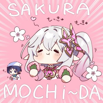 1boy 1girl absurdres black_eyes black_hair blush cherry_blossoms closed_eyes closed_mouth eating eyelashes eyeshadow flower food genshin_impact gradient_hair hair_between_eyes hair_ornament happy high_ponytail high_side_ponytail highres holding holding_food leaf_hair_ornament long_hair makeup mochi multicolored_hair nahida_(genshin_impact) oishii_sasa pink_background pink_flower pointy_ears ponytail portrait red_eyeshadow sakura_mochi scaramouche_(genshin_impact) short_hair side_ponytail simple_background square streaked_hair translation_request wagashi wanderer_(genshin_impact) white_hair