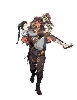 absurdres baldur&#039;s_gate baldur&#039;s_gate_3 bandaged_leg bandages black_boots black_hair blood blood_on_face blood_on_hands bloody_bandages boots braid braided_ponytail broken_horn brown_hair carrying carrying_multiple_people carrying_person clenched_teeth colored_skin demon_girl demon_horns dungeons_&amp;_dragons dungeons_&amp;_dragons elf full_body gith_(d&amp;d) green_eyes green_skin highres horns karlach l_maria_427 lae&#039;zel long_hair looking_at_viewer multicolored_hair one_eye_closed open_mouth piggyback pointy_ears princess_carry red_skin shadowheart_(baldur&#039;s_gate) simple_background single_braid streaked_hair sweat teeth tiefling two-tone_hair white_background