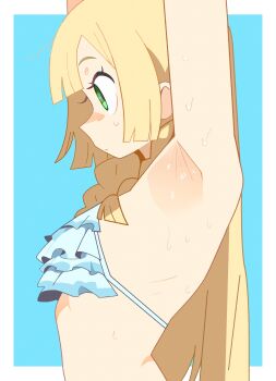 1girl absurdres armpit_focus armpits arms_up bikini blonde_hair blue_background border frilled_bikini frills from_side green_eyes highres lillie_(pokemon) loli long_hair nintendo noxtwice outside_border pokemon pokemon_sm profile simple_background solo sweat sweatdrop swimsuit upper_body white_bikini white_border