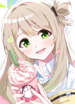 Rule 34 | 1girl, azisai, black bow, blonde hair, blue archive, blush, bow, commentary request, cup, dress shirt, drinking straw, falling petals, fingernails, green eyes, green halo, hair bow, hair bun, halo, highres, holding, holding cup, lanyard, long hair, milkshake, nonomi (blue archive), open mouth, petals, shirt, signature, single side bun, smile, solo, white shirt