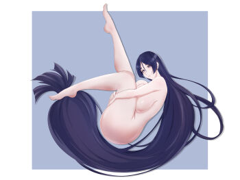 1girl absurdres blush breasts completely_nude fate/grand_order fate_(series) highres huge_breasts legs_up long_hair looking_at_viewer mantou_devil minamoto_no_raikou_(fate) nude parted_bangs purple_eyes purple_hair sideboob smile solo very_long_hair