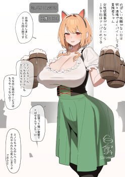 animal_ear_hairband animal_ears barmaid beer_mug black_corset black_pantyhose breasts cat_ear_hairband cat_ears cleavage commentary_request corset cup fake_animal_ears floating_window hairband highres holding holding_cup large_breasts medium_hair mug orange_hair original pantyhose pointy_ears red_eyes shiromitsu skirt speech_bubble translation_request white_background