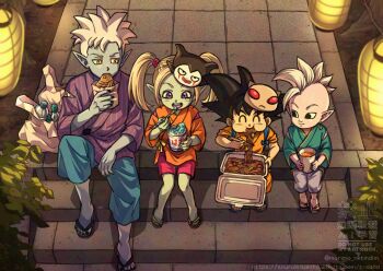 2boys 2girls aqua_skin bag black_eyes black_hair blonde_hair blue_sandals blue_skin bottle character_mask child closed_eyes closed_mouth colored_skin commentary_request cup disposable_spoon dragon_ball dragon_ball_daima earrings food food_request glorio_(dragon_ball) gomah_(dragon_ball) happy holding holding_cup holding_food holding_spoon ice_cream ice_cream_cup ice_cream_spoon japanese_clothes jewelry jinbei_(clothes) juice kisakitouge_mari lantern long_sleeves looking_at_another mask mask_on_head mohawk multiple_boys multiple_girls noodles on_stairs open_mouth orange_juice outdoors pansy_(dragon_ball_daima) paper_lantern pink_skin plant plastic_spoon pointy_ears potara_earrings purple_eyes sandals shin_(dragon_ball) short_hair sitting sitting_on_stairs sleeves_rolled_up smile son_goku spiked_hair spoon stairs stone_stairs tamagami_number_1 teeth tile_floor tiles twintails twitter_username upper_teeth_only watermark web_address white_hair yellow_eyes yellow_sandals