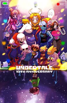 alphys animal_ears anniversary annoying_dog arthropod_girl asgore_dreemurr asriel_dreemurr bandaid bandaid_on_face beard black_hair blonde_hair blue_pants blue_sweater brown_hair chara_(undertale) commentary_request copyright_logo copyright_name delta_rune_(symbol) dog english_text everyone facial_hair fins fish_girl flower flower_pot flowey_(undertale) frisk_(undertale) furry furry_female furry_male goat_boy goat_ears goat_girl goat_horns green_sweater head_fins heart heart_necklace holding holding_flower_pot horns insect_girl jewelry kskt_daisuki logo long_hair mettaton mettaton_ex monster_kid_(undertale) muffet napstablook necklace pants papyrus_(undertale) ponytail purple_robe red_hair red_scarf reptile_girl robe sans_(undertale) scarf short_hair spider_girl sweater temmie toriel two_side_up undertale undyne utdr_(toby_fox) yellow_flower