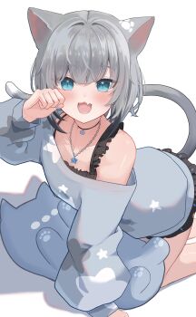Rule 34 | 1girl, absurdres, animal ears, bare legs, black dress, blue nails, blush, cat ears, cat girl, cat tail, collarbone, commentary, creator connection, dress, eyebrows hidden by hair, fang, frilled dress, frills, grey hair, highres, hood, hoodie, indie virtual youtuber, jewelry, long sleeves, looking at viewer, multicolored hair, nachoneko, necklace, off shoulder, open mouth, paw pose, paw print, sasamin, single bare shoulder, single off shoulder, skin fang, smile, solo, star (symbol), star necklace, streaked hair, stuffed toy, tail, virtual youtuber