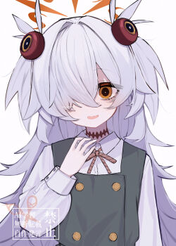 Rule 34 | 1girl, absurdres, adversarial noise, arm at side, bags under eyes, blue archive, blush, brown eyes, brown ribbon, buttons, collared shirt, commentary, coyote319514, double-breasted, dress, grey dress, grey hair, hair ornament, hair over one eye, halo, hand up, highres, kanoe (blue archive), long hair, long sleeves, looking at viewer, neck ribbon, one eye covered, open mouth, orange halo, pinafore dress, ribbon, scar, scar on neck, shirt, simple background, sleeveless, sleeveless dress, smile, solo, straight-on, striped ribbon, twitter username, two side up, upper body, very long hair, watermark, white background, white shirt