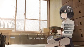 1girl aqua_eyes architecture barefoot black_hair black_skirt building chest_of_drawers crossed_legs dialogue_box dialogue_options drone east_asian_architecture fake_screenshot gameplay_mechanics hair_ribbon highres holding house lost_property_control_organization_(samidare) open_window protagonist_(lost_property_control_organization) revision ribbon rooftop samidare_(hoshi) shirt sitting skirt t-6407j_(samidare) tile_roof user_interface white_ribbon white_shirt window