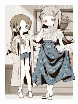 Rule 34 | 2girls, absurdres, blouse, blue shorts, blue skirt, blunt ends, border, brown eyes, brown hair, camisole, closed mouth, commentary request, cosplay, costume switch, denim, denim shorts, flipped hair, full body, gakuen idolmaster, grey hair, hair ornament, hairclip, high-waist skirt, highres, idolmaster, indoors, kuramoto china, kuramoto china (cosplay), laurels, leaf hair ornament, limited palette, long hair, long sleeves, looking down, multiple girls, parallel hairclips, parted bangs, picture frame, sajililli, shinosawa hiro, shinosawa hiro (cosplay), shirt, shoes, short sleeves, shorts, skirt, skirt hold, smile, standing, watch, white border, white camisole, white shirt, white shoes, wide sleeves, wristwatch