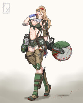 Rule 34 | 1girl, abs, absurdres, alisa krova, armor, artist logo, artist name, astra militarum, bag, belt, bikini, blonde hair, blood, blood drip, blood on face, blood on ground, bloody weapon, boots, breasts, camouflage, camouflage bikini, catachan jungle fighter, chainsaw, combat boots, combat knife, defibrillator, fangs, goggles, goggles around neck, grey eyes, headband, highres, imperial aquila, knife, logo, long hair, medical gloves, medium breasts, muscular, muscular female, original, oxygen tank, red headband, sanguinius, smile, strap, swimsuit, utility belt, warhammer 40k, weapon, zephart