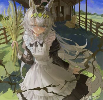 1girl ahoge alternate_costume animal_ears apron artist_name black_dress blue_eyes bow bowtie collared_dress dress enmaided frilled_apron frills grey_hair highres horse_ears horse_girl jiye_p1 long_hair long_sleeves looking_at_viewer maid maid_apron oguri_cap_(umamusume) outdoors solo stable umamusume wheat white_apron white_bow white_bowtie