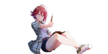 1girl ;q ahoge bare_legs belt blue_shorts book book_on_lap breasts brown_belt fiona_(lapis_re:lights) game_cg green_eyes green_shirt green_shoes highres holding holding_pencil knees_up lapis_re:lights official_art one_eye_closed open_book open_clothes open_shirt pencil plaid_clothes plaid_shirt red_hair shirt shoes short_hair shorts simple_background sitting small_breasts sneakers solo third-party_source tongue tongue_out transparent_background white_shirt
