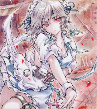 1girl absurdres apron between_fingers bow braid breasts cleavage clock closed_mouth colored_pencil colored_pencil_(medium) commentary_request commission dated glint green_bow grey_hair hair_bow highres holding holding_knife izayoi_sakuya knife knives_between_fingers long_hair looking_at_viewer maid maid_headdress monety pencil pocket puffy_short_sleeves puffy_sleeves red_eyes roman_numeral short_sleeves signature solo thigh_sheath thigh_strap touhou traditional_media twin_braids waist_apron white_apron wrist_cuffs