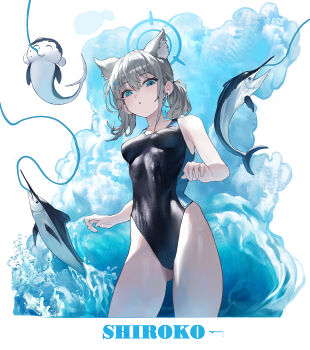 1girl absurdres animal_ear_fluff animal_ears black_one-piece_swimsuit blue_archive blue_eyes blue_halo breasts character_name chinese_commentary commentary_request cross_hair_ornament doodle_sensei_(blue_archive) grey_hair guanglong_xiushan hair_ornament halo highres light_blush medium_breasts medium_hair mismatched_pupils official_alternate_costume one-piece_swimsuit parted_lips partial_commentary ponytail sensei_(blue_archive) shiroko_(blue_archive) shiroko_(swimsuit)_(blue_archive) short_ponytail solo swimsuit wolf_ears wolf_girl