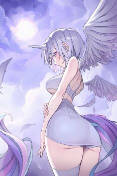 1girl absurdres asymmetrical_legwear ayatsuno_yuni back bare_arms bare_shoulders bob_cut breasts cloud cloud_background cloudy_sky cowboy_shot crop_top detached_wings facing_away feathered_wings feathers from_behind from_below hand_on_own_arm highres horns inverted_bob jaeyun5407 large_breasts light_particles long_tail looking_back multicolored_tail panties pencil_skirt purple_eyes short_hair single_horn single_thighhigh skirt sky solo standing stellive tail thighhighs thighs underboob underwear unicorn_horn virtual_youtuber white_feathers white_hair white_panties white_skirt white_thighhighs white_wings wings