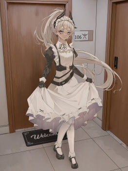 1girl absurdres ambience_synesthesia apron arknights black_dress black_gloves closed_mouth cross_scar dress earrings frilled_headwear full_body gloves grey_eyes grey_hair high_ponytail highres indoors irene_(arknights) irene_(voyage_of_feathers)_(arknights) jewelry juliet_sleeves long_hair long_sleeves looking_at_viewer maid maid_apron maid_headdress nan_ji_yun official_alternate_costume pantyhose pink_pupils ponytail puffy_sleeves scar scar_on_face solo standing white_apron white_pantyhose