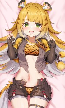 1girl animal_ear_fluff animal_ears animal_print bed_sheet black_shorts blonde_hair breasts colored_inner_hair commentary_request dakimakura_(medium) green_eyes highres ju_fufu long_hair looking_at_viewer lying m-da_s-tarou multicolored_hair on_back open_clothes open_fly open_mouth open_shirt panties short_shorts shorts skindentation small_breasts smile solo tail thigh_strap tiger_ears tiger_girl tiger_print tiger_tail underwear white_hair zenless_zone_zero