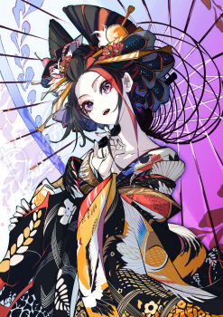 1girl absurdres black_hair black_kimono collarbone datehyogo hair_ornament head_tilt highres holding holding_umbrella japanese_clothes kanzashi kimono layered_kimono looking_at_viewer masadaora multicolored_hair nail_polish nihongami oil-paper_umbrella oiran original pale_skin print_kimono purple_eyes red_hair solo streaked_hair teeth two-tone_hair umbrella upper_teeth_only wide_sleeves