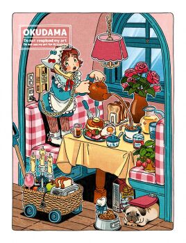 Rule 34 | 1girl, apron, artist name, basket, blue bow, blue dress, blush visible through clothes, booth seating, border, bow, bowl, ceiling light, commentary, corded phone, cup, dog, dress, flower, fork, frilled apron, frills, full body, headscarf, highres, holding, holding teapot, knife, o ku da ma, open mouth, original, pet bowl, phone, red bow, red flower, red hair, short hair, solo, standing, tablecloth, teacup, teapot, vase, white apron, white border, white headscarf, window