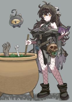 1girl absurdres ahoge antenna_hair bare_shoulders belt black_hair bone boots breasts bubble cape cauldron chain cooking cooking_pot fishnet_pantyhose fishnet_sleeves fishnet_thighhighs fishnets gold_chain grass green_liquid grey_background grimmi_(vtuber) hair_ornament highres holding holding_ladle horror_(theme) indie_virtual_youtuber ladle leotard long_hair looking_at_object magic messy_hair mizuno_(omiso_soup) necromancer occult official_alternate_costume pale_skin pantyhose reading robe sidelocks skelter_(grimmivt) skull skull_hair_ornament thighhighs torn_cape torn_clothes very_long_hair virtual_youtuber witch yellow_eyes