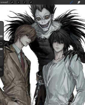 3boys art_program_in_frame bags_under_eyes black_eyes black_hair brown_eyes brown_hair collared_shirt commentary death_note hair_between_eyes hand_on_another's_shoulder height_difference highres jacket l_(death_note) long_sleeves looking_at_viewer male_focus multiple_boys ryuk shinigami shirt short_hair simple_background suit_jacket symbol-only_commentary t0myu3 upper_body white_background white_shirt yagami_light