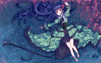 Rule 34 | 10s, 1girl, afloat, bare legs, barefoot, beads, bell, black bow, black ribbon, blue hair, blush, bow, center frills, corset, cross-laced clothes, dress, female focus, flat chest, floating hair, flower, frilled sleeves, frills, from above, green dress, hair beads, hair bow, hair flower, hair ornament, highres, holding, holding flower, idolmaster, idolmaster cinderella girls, jingle bell, juliet sleeves, lace trim, leaf, lily pad, long hair, long sleeves, looking at viewer, looking to the side, lying, nemeko, on back, outstretched arms, petals, pinky out, puffy long sleeves, puffy sleeves, reaching, red eyes, red flower, ribbon, ripples, sajo yukimi, solo, striped bow, thigh gap, very long hair, water, wide sleeves, wisteria