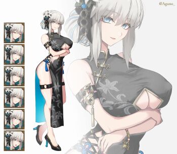 1girl absurdres bare_shoulders black_dress blue_eyes braid breasts china_dress chinese_clothes cleavage_cutout clothing_cutout commentary_request crossed_arms dress fate/grand_order fate_(series) flower full_body grey_hair hair_bun hair_flower hair_ornament high_heels highres large_breasts long_hair looking_at_viewer morgan_le_fay_(fate) multiple_views pelvic_curtain ponytail shibao_aoyama sidelocks tassel thigh_strap zoom_layer