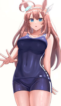 1girl absurdres ahoge animal_ears bare_shoulders blue_eyes blue_one-piece_swimsuit blush breasts brown_hair collarbone commentary_request competition_school_swimsuit covered_navel grey_hairband hair_between_eyes hairband highres horse_ears horse_girl large_breasts long_hair looking_at_viewer mihono_bourbon_(umamusume) one-piece_swimsuit ooeyama parted_lips school_swimsuit silver_hairband simple_background solo swimsuit tracen_swimsuit umamusume water wet wet_clothes wet_swimsuit white_background