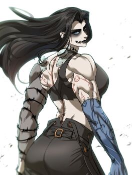 1girl ass barbed_wire black_hair breasts commentary crop_top deadlock_(game) electrodes english_commentary frankenstein's_monster genderswap genderswap_(mtf) highres large_breasts long_hair muscular muscular_arms muscular_female simple_background sports_bra stitched_face stitched_mouth stitches ulsae1995 victor_(deadlock) white_background