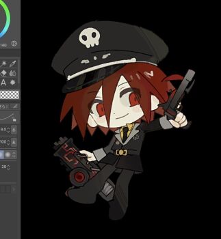 1boy anonymous1203 black_background black_dress black_hat black_necktie black_pants black_suit chibi chibi_only clip_studio_paint_(medium) closed_mouth collared_shirt dress epic_battle_fantasy formal_clothes gun hair_between_eyes handgun hat hat_ornament holding holding_gun holding_weapon lance_(epic_battle_fantasy) male_focus necktie pants red_eyes red_hair shirt short_hair simple_background skull_hat_ornament smile suit weapon yellow_shirt