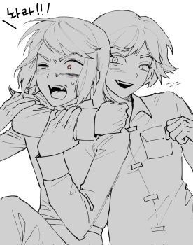 1boy 1girl abaddon_(haunted_hotel) abaddon_(human)_(haunted_hotel) arm_around_neck coat commentary_request esther_freeling fangs grabbing_another&#039;s_arm haunted_hotel highres knee_up korean_commentary korean_text lifeisassholee one_eye_closed red_eyes simple_background spot_color translation_request upper_body white_background