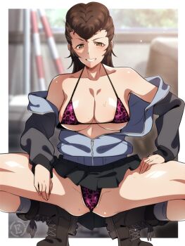 1girl animal_print bikini breasts brown_hair cleavage em_(totsuzen_no_hakike) girls_und_panzer green_eyes keizoku_military_uniform large_breasts leopard_print leopard_print_bikini long_hair micro_bikini mullet pompadour print_bikini spread_legs squatting swimsuit yuri_(girls_und_panzer)