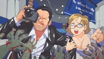 1boy 1girl banner black_hair blonde_hair blue_eyes breasts business_suit camera chest_hair cleavage commentary cuts dead_rising dead_rising_1 earrings english_commentary english_text exposed_bone formal_clothes frank_west glasses highres holding holding_another's_arm holding_camera indoors injury inkerton-kun jessica_mccarney jewelry large_breasts licking_lips looking_at_viewer mall nail_polish open_mouth pointing pointing_at_viewer raised_eyebrows scared squinting suit tongue tongue_out zombie