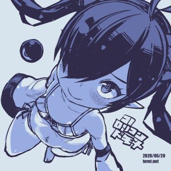 1girl ahoge backbeako_(torotei) backbeard barefoot blue_background blue_theme blush bow bow_bra bra breasts closed_mouth collarbone commentary dated dated_commentary detached_sleeves from_above gegege_no_kitarou hair_over_one_eye knee_up kono_lolicon_domome long_hair looking_at_viewer looking_up monochrome navel original paid_reward_available panties pointy_ears side-tie_panties simple_background small_breasts smile solo standing standing_on_one_leg torotei translated twintails underwear watermark web_address wide_sleeves