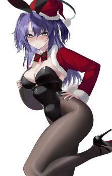 1girl absurdres animal_ears black_leotard black_shoes blue_archive blue_eyes bow bowtie breasts brown_pantyhose cleavage closed_mouth fake_animal_ears fake_tail fur_trim halo hand_on_own_hip hat high_heels highleg highleg_leotard highres holding holding_tray leg_up leotard long_hair long_sleeves looking_at_viewer medium_breasts pantyhose playboy_bunny purple_hair rabbit_ears rabbit_tail red_hat red_shrug santa_hat shoes shrug_(clothing) simple_background solo soya_(torga) strapless strapless_leotard tail tray two_side_up v-shaped_eyebrows white_background yuuka_(blue_archive)