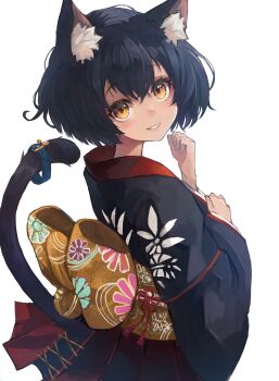 1girl absurdres animal_ear_fluff animal_ears black_kimono blonde_hair blush cat_ears cat_girl closed_eyes clothing_cutout commentary_request commission eyeshadow floral_print floral_print_kimono from_side grin highres japanese_clothes kimono kimono_skirt looking_at_viewer looking_to_the_side makeup nyucha obi original print_kimono red_eyeshadow sash short_kimono simple_background single_hair_streak skeb_commission smile solo tail tail_ornament tail_through_clothes upper_body white_background wide_sleeves yellow_eyes yellow_sash
