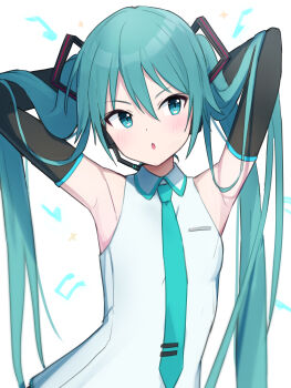 1girl absurdres aqua_eyes aqua_hair aqua_necktie aqua_trim armpits arms_up blush breasts collared_shirt commentary_request detached_sleeves hair_between_eyes hair_ornament hatsune_miku headset highres long_hair long_sleeves musical_note necktie open_mouth oruru63100814 project_sekai shirt small_breasts tie_clip twintails upper_body very_long_hair vocaloid wide_sleeves