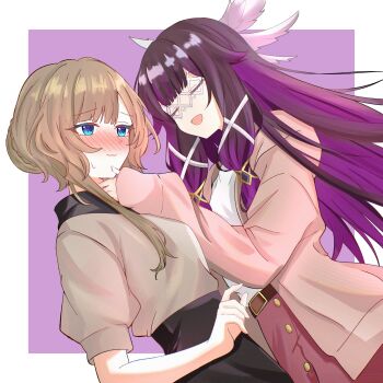 2girls alternate_costume belt belt_buckle belted_skirt black_hair black_skirt blue_eyes blush border braid brown_belt brown_hair brown_shirt buckle bun_with_braided_base button_up_skirt cardigan closed_eyes closed_mouth columbina_(genshin_impact) commentary contemporary english_commentary eye_mask facing_another genshin_impact hair_ribbon hand_on_another&#039;s_face head_wings highres long_hair long_sleeves looking_at_another mask multicolored_hair multiple_girls multiple_wings open_cardigan open_clothes open_mouth outside_border pink_background pink_cardigan purple_hair red_skirt ribbon sandrone_(genshin_impact) shirt short_sleeves sidelocks skirt sleeves_past_wrists sweatdrop two-tone_hair white_border white_mask white_ribbon white_shirt white_wings wings yue_kanade yuri