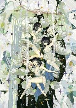 Rule 34 | 6+girls, black hair, black nails, bug, butterfly, closed eyes, commentary, feet, flower, highres, insect, long hair, mole, mole under eye, mole under mouth, multiple girls, original, toes, very long hair, white flower, yorunue ro