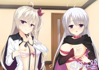 2girls ahoge akizuki_kanna aroused ayachi_nene belt belt_bra belt_collar black_cape black_cloak black_ribbon blush bra bra_pull breasts cafe_stella_to_shinigami_no_chou cape cleavage cloak closed_mouth clothes_pull collar collarbone commentary company_connection covered_erect_nipples crossed_bangs crossover detached_sleeves english_commentary eyelashes eyes_visible_through_hair finger_to_mouth grabbing_own_breast grey_hair hair_between_eyes hair_over_shoulder hair_ribbon heart highres holydora index_finger_raised indoors jacket large_breasts light_brown_hair long_hair looking_at_viewer midriff multiple_girls navel neck_ribbon nipples no_headwear nose_blush open_clothes open_jacket open_mouth pink_belt pink_bra presenting_breasts pulling_own_clothes purple_eyes raised_eyebrows red_eyes red_ribbon ribbon sanoba_witch side-by-side side_ponytail sidelocks signature skindentation sleeves_past_wrists smile split_mouth straight_hair sweatdrop tsurime underwear upper_body very_long_hair white_jacket yellow_ribbon yuzusoft