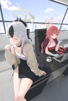 2girls absurdres aru_(blue_archive) aru_(dress)_(blue_archive) black_choker black_dress blue_archive breasts chair choker cleavage closed_eyes closed_mouth coat coat_on_shoulders coffee collarbone commentary_request computer cup day demon_horns diamond_necklace dress gloves grey_halo halo highres horns indoors jacket kayoko_(blue_archive) kayoko_(dress)_(blue_archive) laptop large_breasts long_hair long_sleeves mole mole_on_collarbone mole_on_neck multiple_girls official_alternate_costume on_chair open_clothes open_jacket orange_eyes pink_hair pink_halo red_coat red_dress samgong saucer single_off_shoulder single_wing sitting strapless strapless_dress studded_choker white_gloves wings