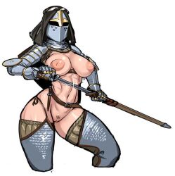 Rule 34 | 1girl, armor, breasts, chainmail, chausses, cleft of venus, collar, counter, covered face, cowboy shot, cross, dagger, exhibitionism, female knight, female pubic hair, functionally nude, gauntlets, helm, helmet, holding, holding sword, holding weapon, knife, knight, large breasts, leather belt, naked armor, navel, nisetanaka, nude, original, pubic hair, public indecency, puffy nipples, pussy, rerebrace, reverse bikini armor, reverse outfit, scabbard, shaped pubic hair, sheath, solo, standing, sword, thighhighs, unsheathing, vambraces, weapon, white background