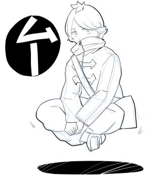 1boy bag bibi_(coffe) coat commentary_request crossed_legs floating full_body gamon_yuuta high_collar male_focus monochrome occultic;nine pants science_adventure shoes short_hair shoulder_bag simple_background sitting solo translation_request white_background