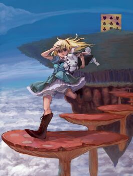 1girl alice_(alice_in_wonderland) alice&#039;s_adventures_in_wonderland blonde_hair bloomers boots card cloud day dress female_focus floating floating_island hairband hilly_(kishou9) jumping monocle mushroom pocket_watch salute solo tree underwear watch white_rabbit_(alice_in_wonderland)