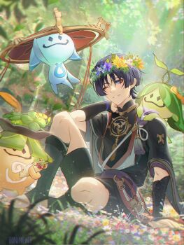 Rule 34 | 1boy, black shorts, blue eyes, doner kebab, doner sandwich, eyeshadow, flower, genshin impact, hand on own neck, hat, highres, japanese clothes, jingasa, looking at another, makeup, pale skin, purple hair, red eyeshadow, roninewt, sandals, scaramouche (genshin impact), short hair, shorts, smile, veil