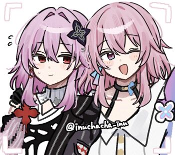 2girls black_choker black_gloves blue_eyes blush_stickers bra_strap choker commentary dual_persona earrings evernight_(honkai:_star_rail) flower_ornament gloves hair_intakes highres honkai:_star_rail honkai_(series) inuchacha_inu jaggy_lines jewelry march_7th_(honkai:_star_rail) march_7th_(preservation)_(honkai:_star_rail) medium_hair multicolored_eyes multiple_girls official_alternate_costume official_alternate_design official_alternate_eye_color one_eye_closed open_mouth pink_eyes pink_hair pink_pupils portrait red_eyes selfie shirt single_earring smile sweatdrop symbol-only_commentary two-tone_eyes viewfinder white_shirt