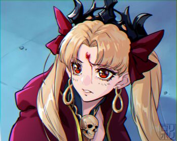 1girl bishoujo_senshi_sailor_moon blonde_hair blood blood_on_face commentary commentary_request curtained_hair earrings english_commentary ereshkigal_(fate) eyelashes fate/grand_order fate_(series) highres jamrolypoly jewelry long_hair looking_to_the_side meme mixed-language_commentary parted_bangs red_eyes sailor_moon_redraw_challenge_(meme) skull solo tiara twintails